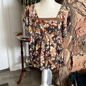 Multi colored blouse with lace square neck ruffles sleeves by Candi size small